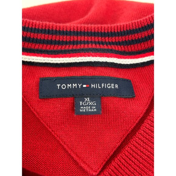 0705A- Tommy Hilfiger Men’s Sweater XL Red V-Neck Pullover Ribbed Cotton Logo - Picture 7 of 9
